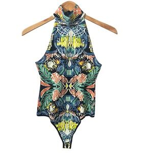Free People Festival Boho Mock Neck Tucker Print Bodysuit Sz XSmall